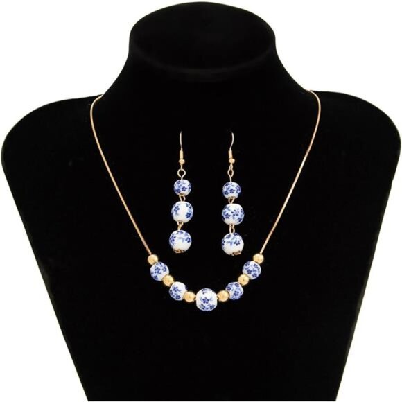 Blue Floral Ceramic Bead Necklace & Earring Set - Picture 3 of 6